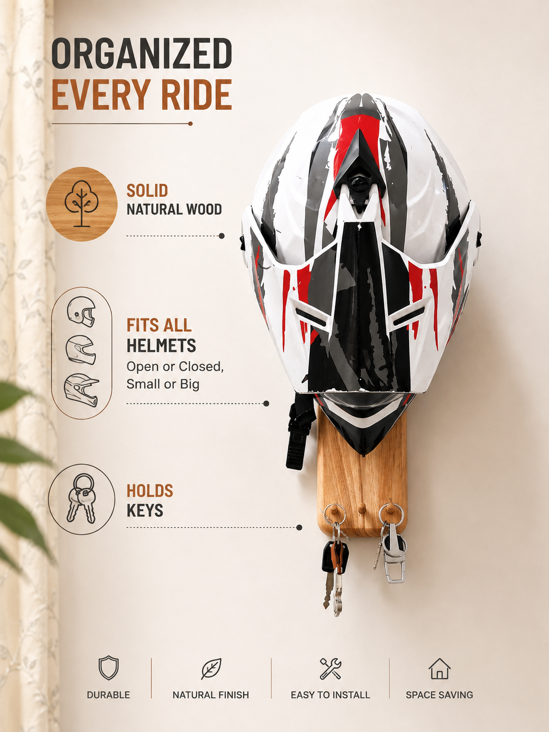 Wall Mounted Helmet and Keys Organiser - Minimal Edition